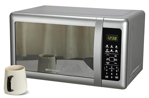 Emerson MW7601SL Countertop Microwave Oven with Sleek Mirrored Finish Glass Door, 700W, 10 Power Levels and 6 Pre-Programmed Settings with Child Safe Lock, 0.7. Cu. Ft., Silver