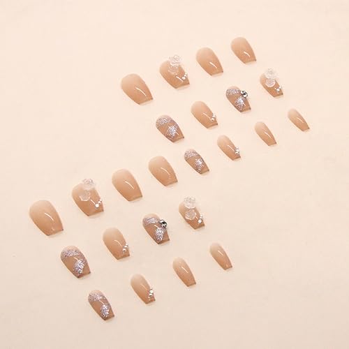 Press on Nails Medium Coffin Nude French Camellia Pearl False Nails