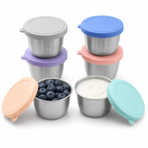 PandaEar 6 Pack Stainless Steel Condiment Containers - 2.4 oz Leakproof Cups with Silicone Lids