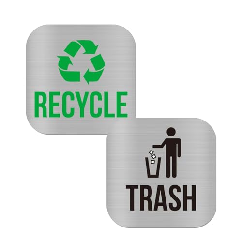 2 Pack Square Magnetic Recycle and Trash Bin Stickers, Brushed Silver