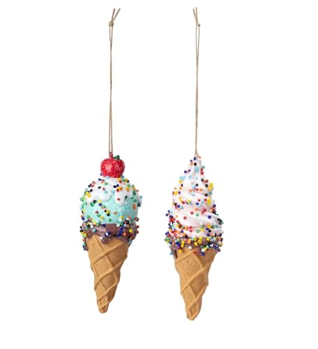 Set of 2 Whimsical Holiday Ice Cream Cone Ornaments - Fun Christmas Decor
