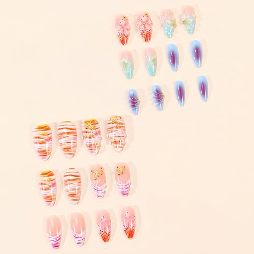Pink Flower Press on Nails Medium Almond French Tip False Nails
