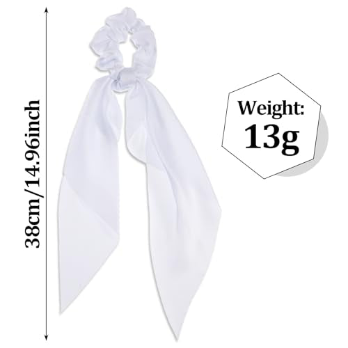 Mabor White Satin Hair Scrunchies with Bow Tails - 2 Pcs Elastic Hair Scarf