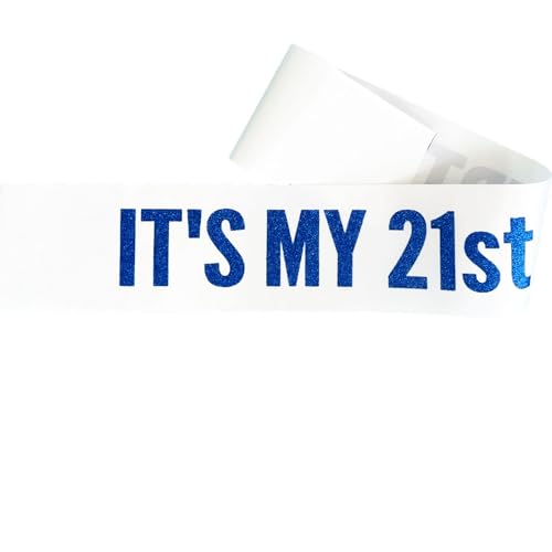 It's My 21st Birthday Satin Sash with Blue Glitter Letters White