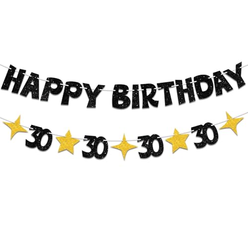 Happy 30th Birthday Banner, Black and Gold Pre-Strung Party Decoration