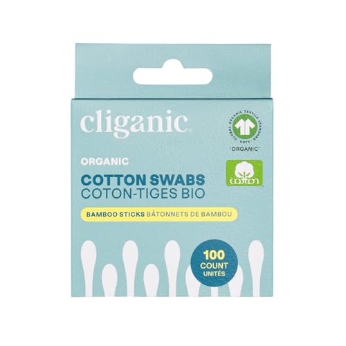 Cliganic Organic Bamboo Cotton Swabs 100 Count Eco-Friendly Buds