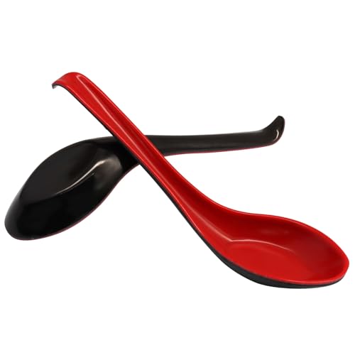 Moicstiy 2 Pcs Long Handle Soup Spoons for Asian Dishes - Black & Red