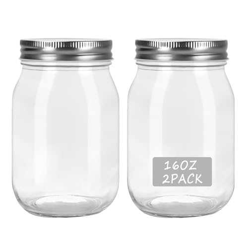 2 Pack 16 oz Clear Glass Mason Jars with Lids - HOXHA