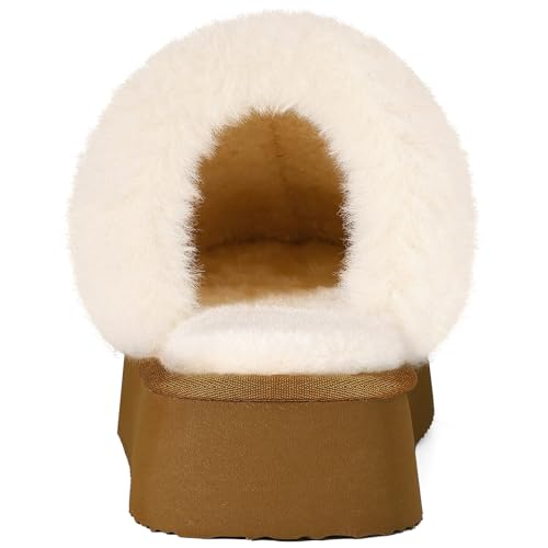 Fuzzy Memory Foam Slippers for Women Indoor Outdoor House Shoes - Platform Brown 8