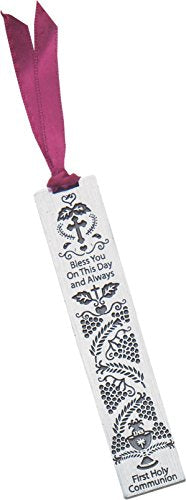 First Holy Communion Metal Bookmark with Burgundy Satin Ribbon