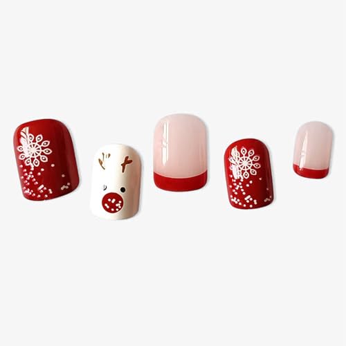 Christmas Press On Nails Short Square Red French Tip False Nails Kit