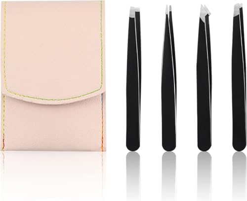 Precision Tweezers Set 4-Piece Stainless Steel with PU Leather Case
