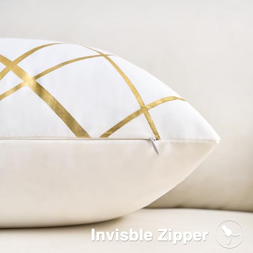 White Velvet Decorative Pillow Covers 16x16 - Pack of 2 with Gold Foil Design