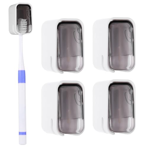 Wall-Mounted Toothbrush Holder with Cover - 4 PCS Gray Organizer for Bathroom