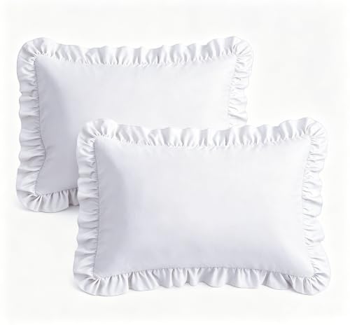 Queen Ruffled Pillow Cases Set of 2, White Microfiber Pillow Shams with Envelope Closure - 20 x 30 Inch