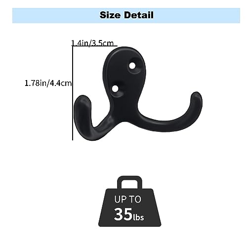 Kruodop 4 Pack Black Heavy Duty Wall Hooks for Coats & Towels - Metal Double Hanger