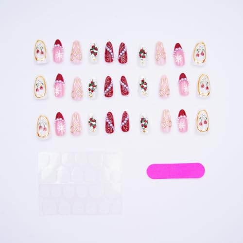 Christmas Press on Nails Medium Almond Red French Tip False Nails 30Pcs