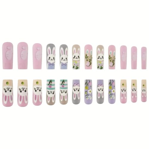 Easter Press on Nails Long Square Cute Bunny Spring Flower False Nails
