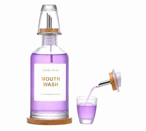 Glass Mouthwash Dispenser Set with Bamboo Tray & Cup - 11.8 oz