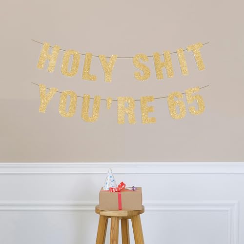 65th Birthday Party Banner - Gold Glitter 65 Years Old Decoration Sign