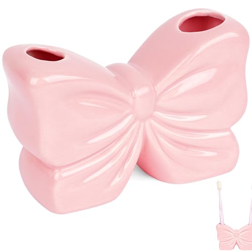 Pink Bow Ceramic Toothbrush Holder - Cute Bathroom Counter Organizer
