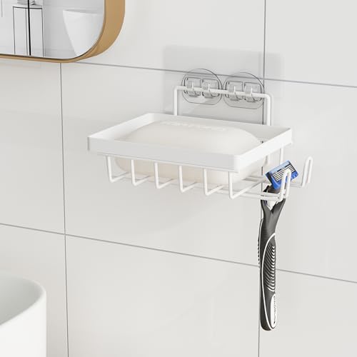 Oasiteege Adhesive Shower Soap Dish with Hooks - Self-Draining Wall Mount