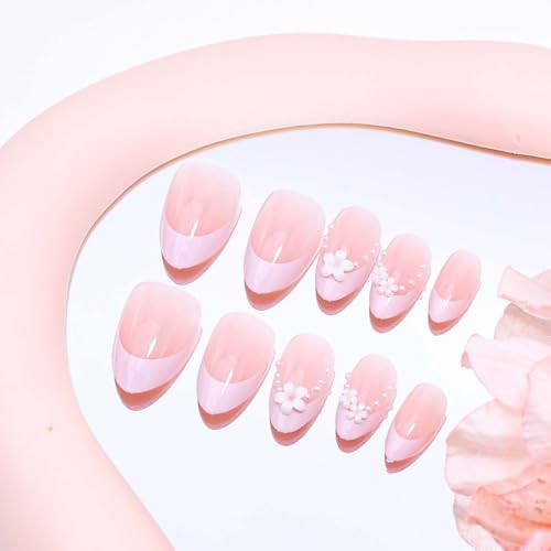 Short Almond Press on Nails 3D Floral French Tip with Pearl Design