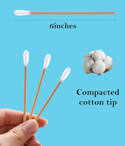 6 Inch Long Wooden Cotton Swabs 200 Count - Precision Applicators for Cleaning and Makeup