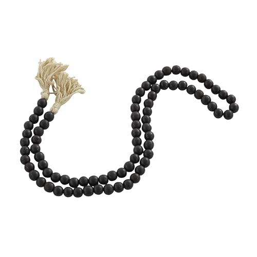 Deco 79 Mango Wood Handmade Round Long Carved Beaded Garland with Tassel, 80" x 1" x 1", Black