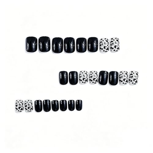 Black Press on Nails Short Square False Nails with White Glitter and Leopard Print