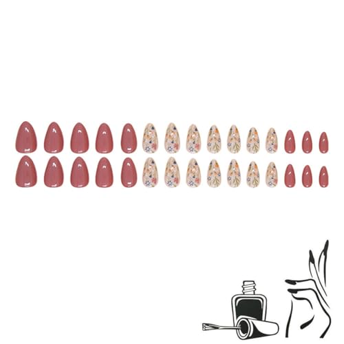 Press on Nails Almond Medium Floral Fake Nails Reusable 30Pcs