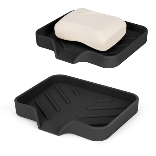 Black Silicone Soap Dish Set - Self-Draining, 4.7"x3.9"