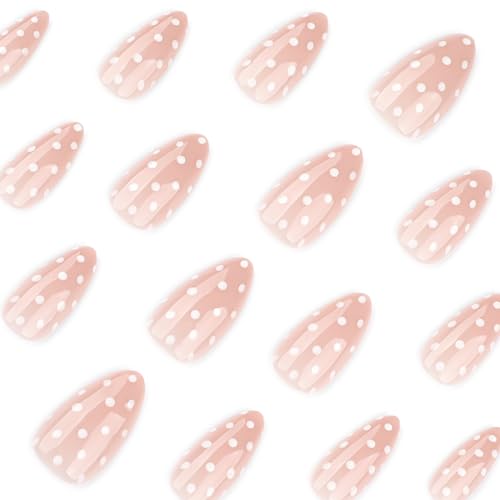 White Polka Dots Press on Nails Medium Almond Fake Nails 24Pcs