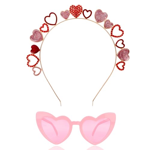 WHAVEL Valentine's Day Heart Headband and Rhinestone Sunglasses Set