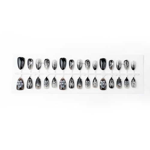 Black French Tip Press On Nails Medium Almond 3D Butterfly False Nails