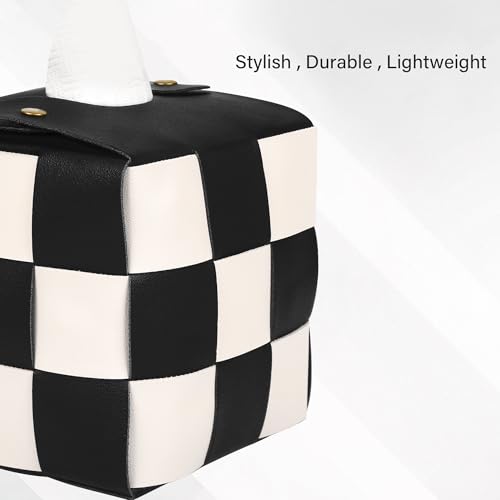 Modern Square PU Leather Tissue Box Cover - Black and Beige Checkered