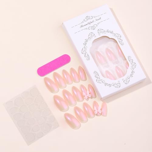 clvpai Pink Glossy Almond Press on Nails with 3D Bow Coquette Design