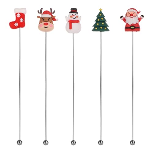 5pcs Stainless Steel Christmas Cocktail Stirrers with Silicone Holiday Patterns