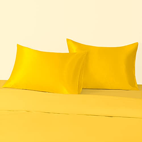BEDSUM Queen Satin Pillowcases, 20x30 Yellow Silky Pillow Covers - 2-Pack