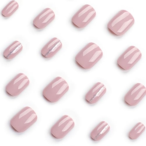 BFY Short Square Press on Nails - Glossy Purple Fake Nails with Glitter Lines, 24 Pcs