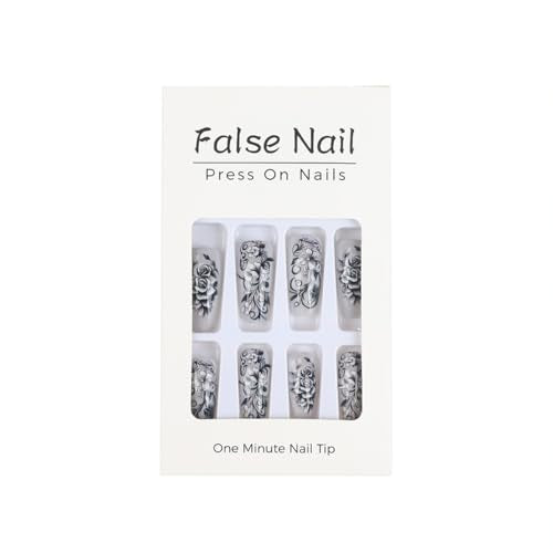 Grey Rose Press on Nails Long Coffin Floral Acrylic Fake Nails Set
