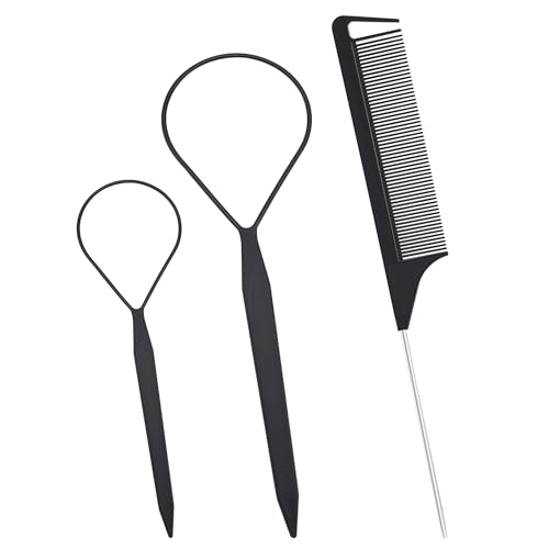 Quacc 3-Piece Topsy Tail Hair Styling Tool Set with Tail Comb, Black