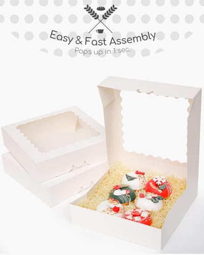 qiqee 8x8x2.5 Inch White Pastry Box with Window - 12pcs Bakery Box