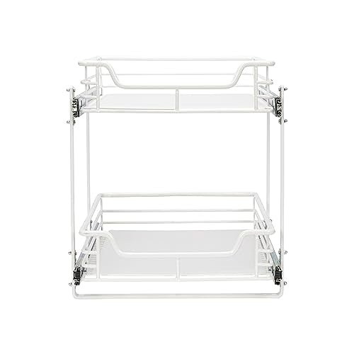 Household Essentials Glidez Multipurpose Paint-Finished Steel Pull-Out/Slide-Out Storage Organizer for Under Cabinet Use - 2-Tier Design - Fits Standard Size Cabinet or Shelf, White