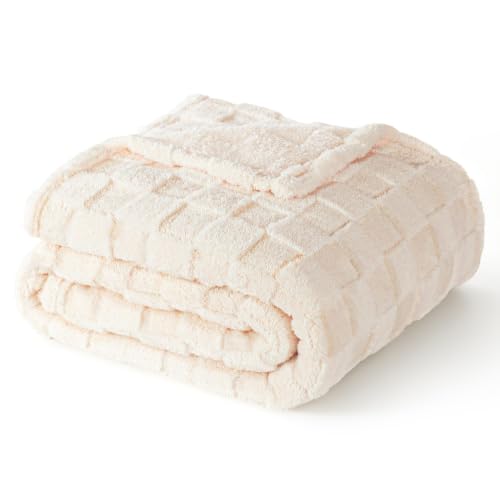 Exclusivo Mezcla 3D Checkered Fleece Throw Blanket, Ivory - Super Soft & Cozy