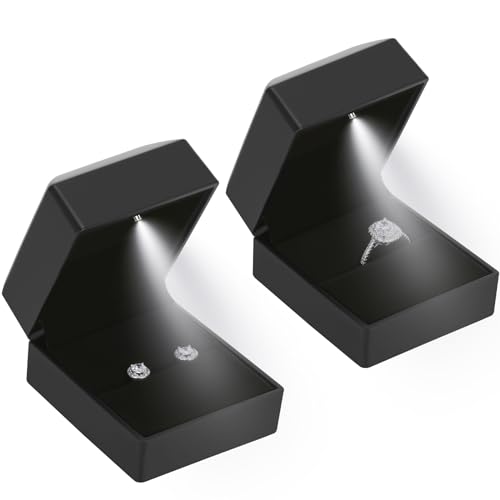 LETURE Black Velvet Ring Box with LED Light - 2 Piece Jewelry Display for Engagement & Wedding