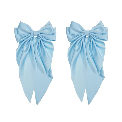 Satin Bow Hair Clip Set - Jumbo Light Blue Hair Barrette with Long Tails