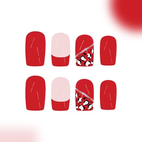 OFDNE Red French Tip Press on Nails with Leopard Print Medium Square