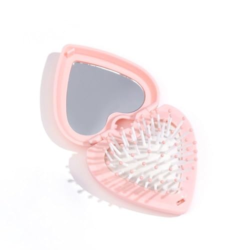 Heart Shape Folding Hair Brush with Mirror Compact Travel Pink