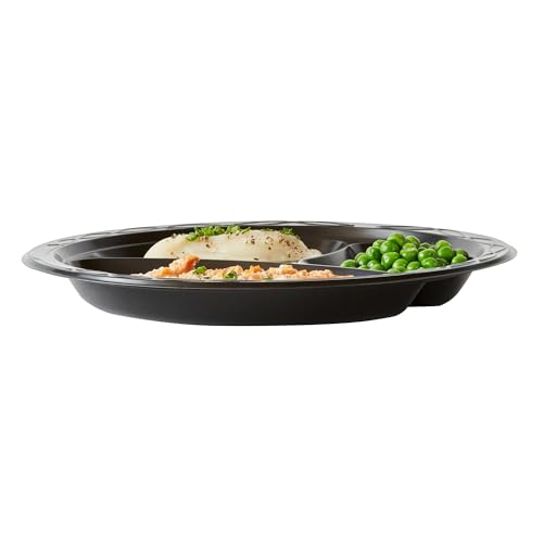 RW Base 10.4 Inch Microwavable Food Plates, 100 Round Plastic Plates - 3 Compartments, Disposable, Black Plastic Dinner Plates, Serve Hot And Cold Foods, For Restaurants And Cafes - Restaurantware